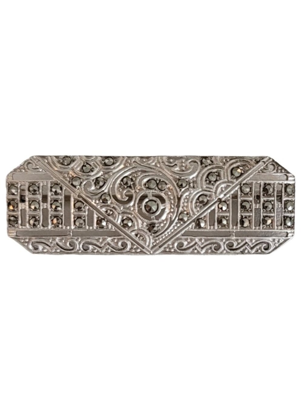 Sterling Silver Art Deco Marcasite Trombone Clasp Bar Pin Brooch, K214